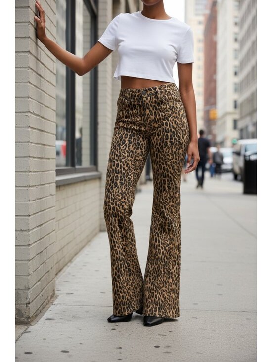 Judy Blue Denim - Judy Blue Jacqueline Mid-Rise Slim Fit Wide Flare Leg Denim Leopard Jean Pants